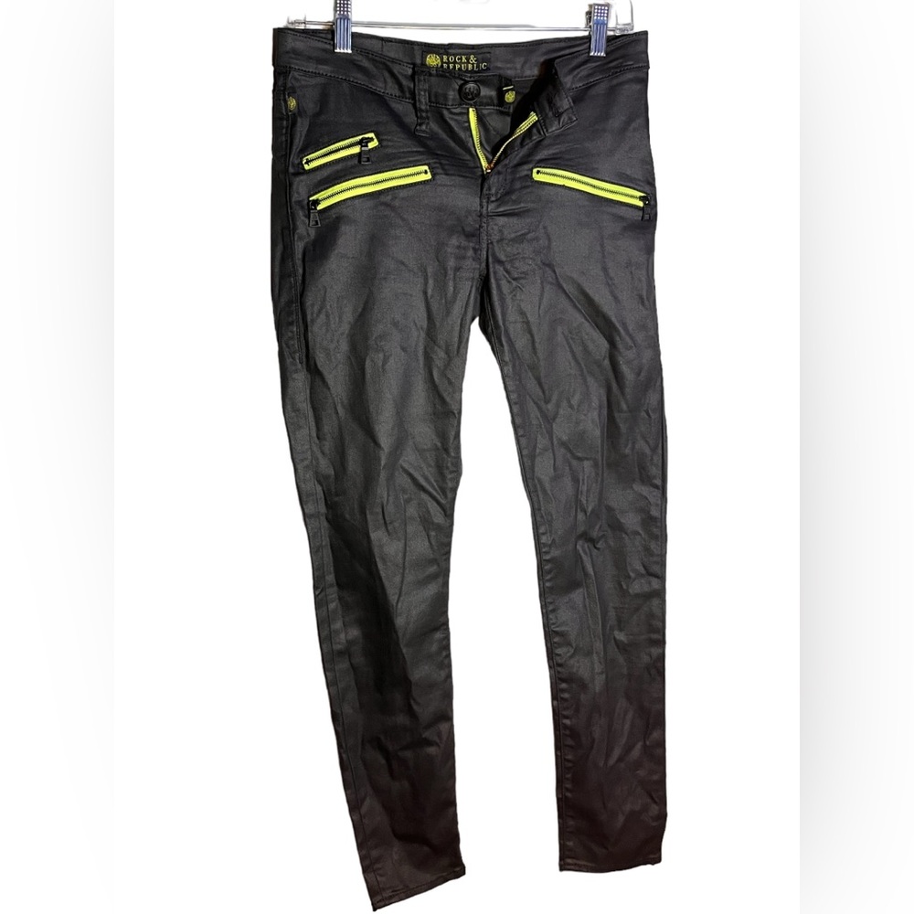 Rock & Republic Banshee Black Coated Denim Jeans with Neon Green Zippers - Sz6